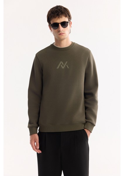 Erkek Haki Bisiklet Yaka Pamuklu Şardonlu Baskılı Regular Fit Sweatshirt A52Y1327 indirimleri