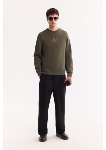 Erkek Haki Bisiklet Yaka Pamuklu Şardonlu Baskılı Regular Fit Sweatshirt A52Y1327