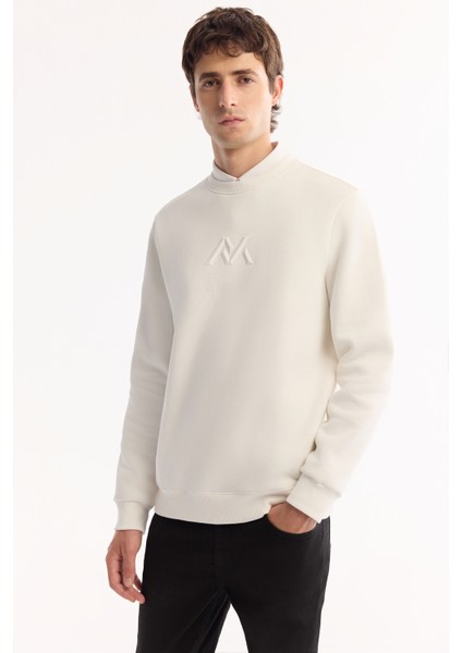 Erkek Beyaz Bisiklet Yaka Pamuklu Şardonlu Baskılı Regular Fit Sweatshirt A52Y1327