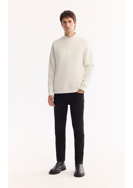 Erkek Beyaz Bisiklet Yaka Pamuklu Şardonlu Baskılı Regular Fit Sweatshirt A52Y1327