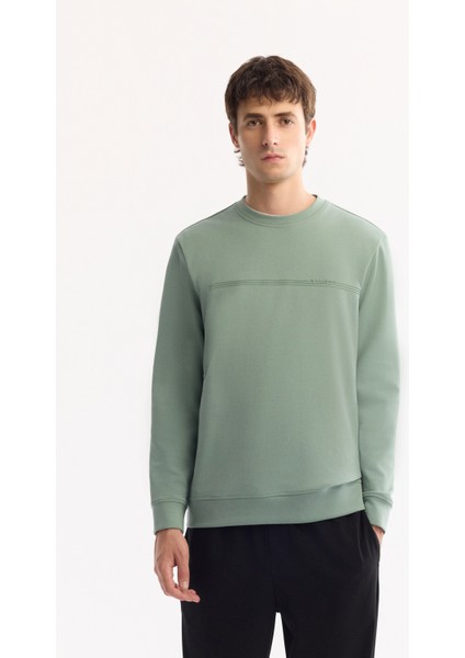 Erkek Su Yeşili Bisiklet Yaka Pamuklu Bi-Stretch Baskılı Regular Fit Sweatshirt A52Y1325