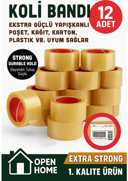 12 ADET-100 Metre Şeffaf Koli Bandı – Extra Strong 40 Micron Kalınlık, Güçlü Yapışkan