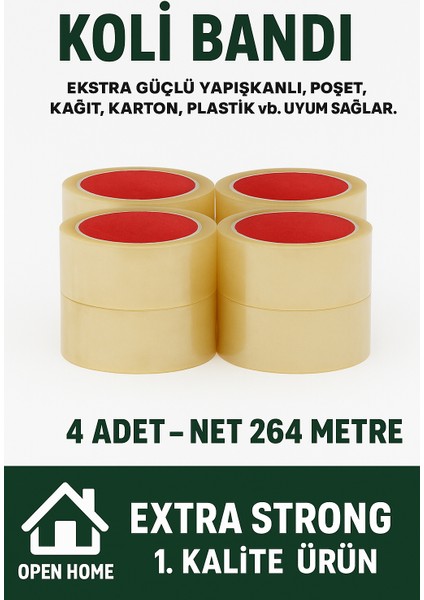 4 ADET-264 Metre Şeffaf Koli Bandı – Extra Strong 40 Micron Kalınlık, Güçlü Yapışkan