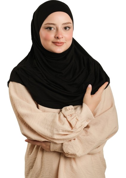 Siyah Pratik Hazır Geçmeli Tesettür Eşarp Viskon Boneli Büyük Boy 1290BV_01