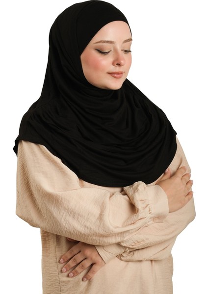 Siyah Pratik Hazır Geçmeli Tesettür Eşarp Viskon Boneli Büyük Boy 1290BV_01 fiyatları