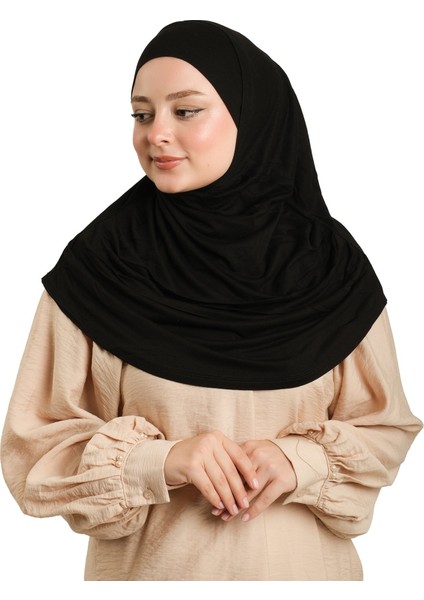 Siyah Pratik Hazır Geçmeli Tesettür Eşarp Viskon Boneli Büyük Boy 1290BV_01 modelleri