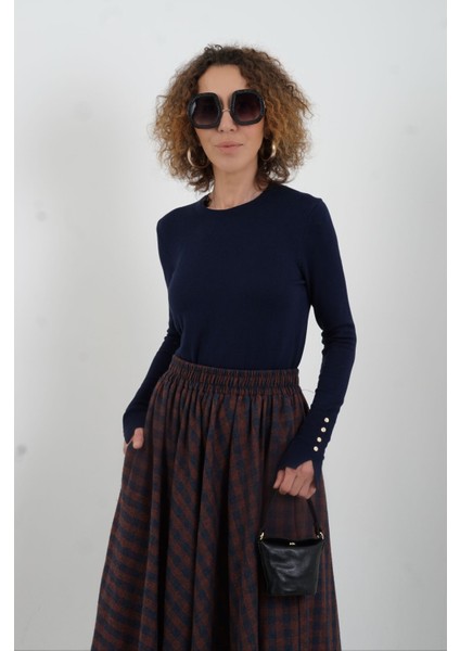 Lacivert O Yaka Kolu Droplu Kazak