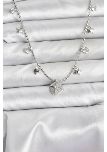 Bfs Pirinç Gümüş Renk Zirkon Taşlı Kutup Yıldızı Model Kadın Kolye