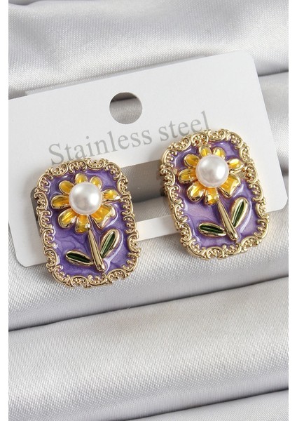 Bfs Pirinç Mor Mineli Papatya Figürlü Sanatsal Portre Model Gold Renk Kadın Küpe