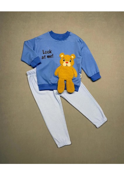 Litaetrend 2-3-4 Yaş Ayıcık Sallanan Ayak Desenli Likra Penye Kumaş Sweat Pantolonlu Kız Erkek 2li Çocuk Takımı Indigo