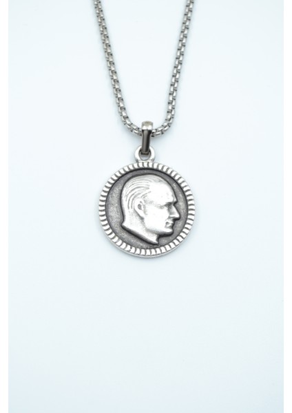 Atatürk Madalyon Gümüş Kaplama Örme Zincir Kolye