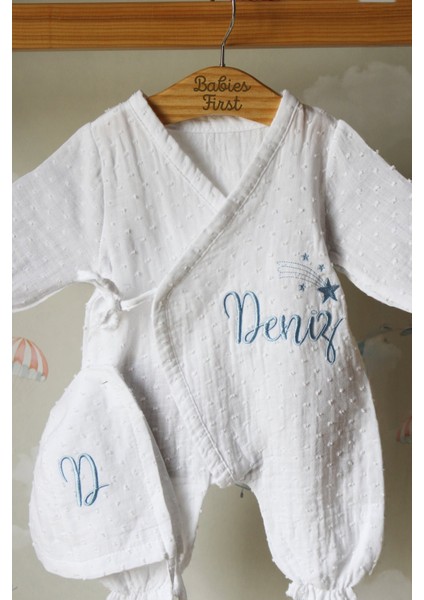 Mavi Isme Özel 6'lı Müslin Yenidoğan Set %100 Pamuk Tulum Battaniye Şapka Puset Örtü Eldvn Yastık modelleri