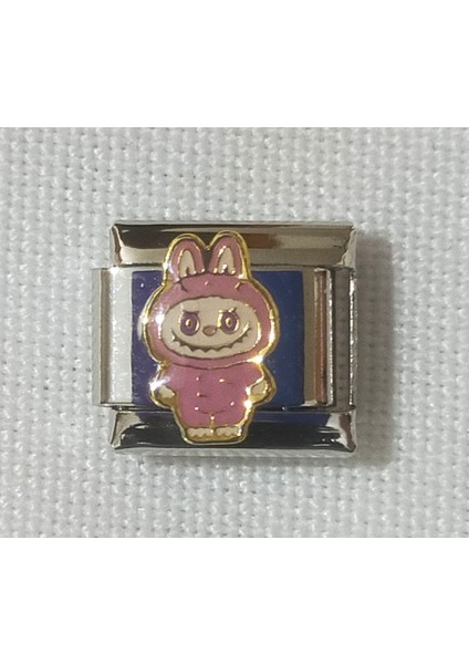Pembe Labubu Temalı Charm, Italyan Bileklik Uyumlu Sarı Emaye Paslanmaz Çelik