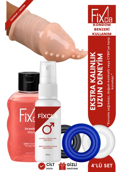 4’lü Set – Uzatıcı Kılıf, 3 Silikon Halka, Sprey - Çilek Aromalı Jel – Ekstra Kalınlık, Uzun Deneyim