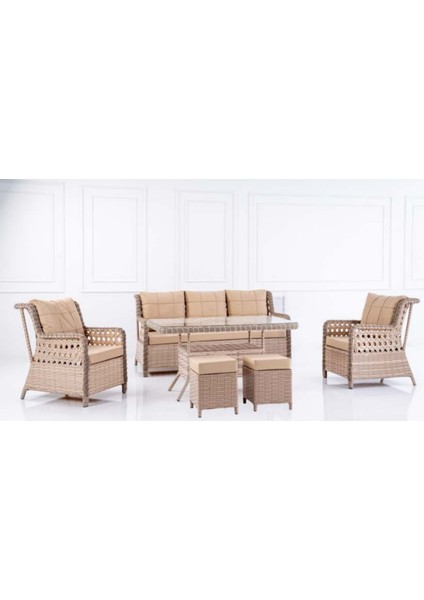 Doğal Hasır Görünümlü Bahçe Balkon Oturma Grubu 6 Parça – (3+1+1+Masa+2 Puf)