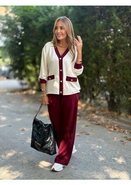 Kadın Uzun Kollu Ribanali Cep Detay Hırka ve Bol Paça Pantolon Ikili Takım indirimleri