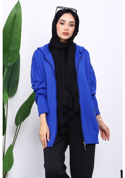 Saks Mavi Çift Cepli Fermuarlı Triko Hırka