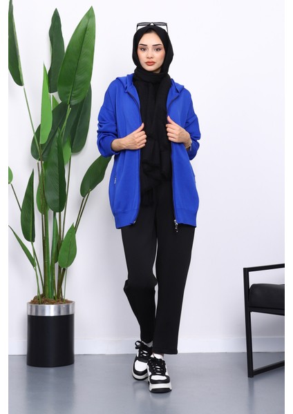 Saks Mavi Çift Cepli Fermuarlı Triko Hırka fiyatları