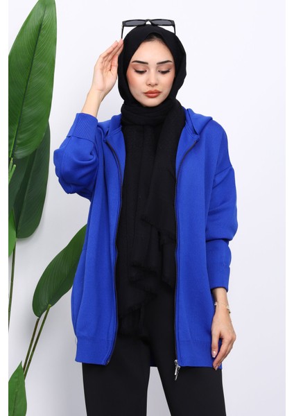 Saks Mavi Çift Cepli Fermuarlı Triko Hırka modelleri