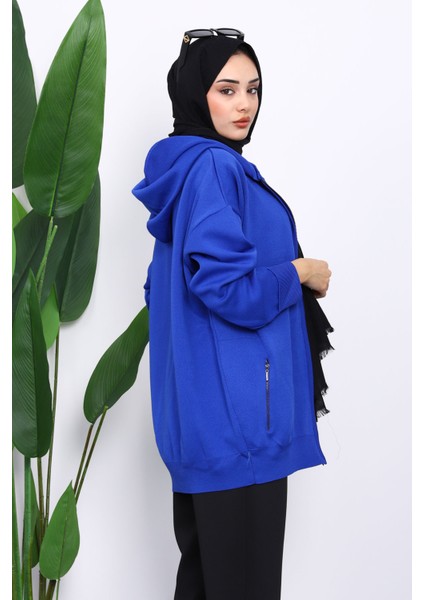 Saks Mavi Çift Cepli Fermuarlı Triko Hırka fırsatları