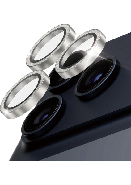 Apple 17 Pro Hoops Glitter Simli Silver Gümüş Kamera Lens Koruyucu (Hizalama Aparatlı) modelleri