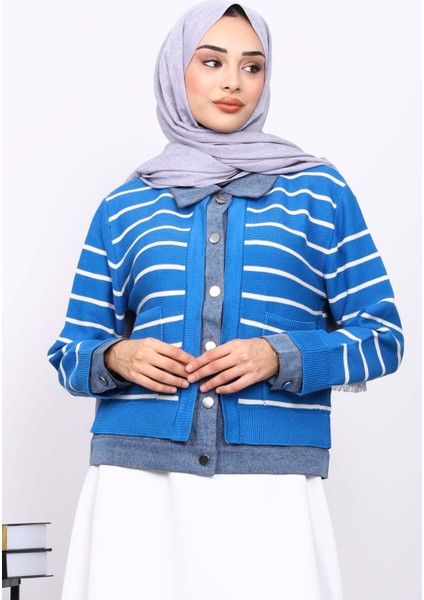 Mavi Düğmeli Kot Detaylı Triko Hırka modelleri