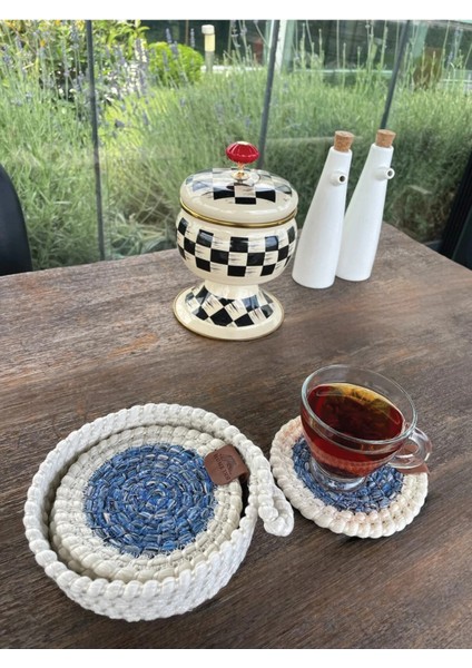 Tekstil 4 Adet Yuvarlak Dekoratif Bardak Altlığı Seti - Yuvarlak , Leke Tutmaz - Beyaz-Mavi 13X13 cm