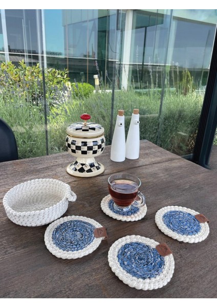 Tekstil 4 Adet Yuvarlak Dekoratif Bardak Altlığı Seti - Yuvarlak , Leke Tutmaz - Beyaz-Mavi 13X13 cm fiyatları