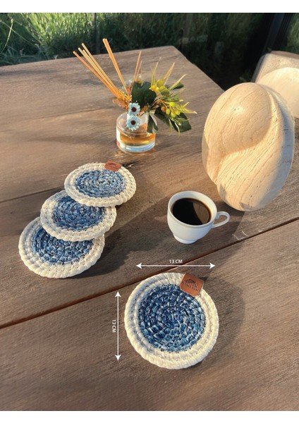 Tekstil 4 Adet Yuvarlak Dekoratif Bardak Altlığı Seti - Yuvarlak , Leke Tutmaz - Beyaz-Mavi 13X13 cm fırsatları