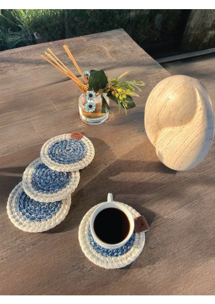 Tekstil 4 Adet Yuvarlak Dekoratif Bardak Altlığı Seti - Yuvarlak , Leke Tutmaz - Beyaz-Mavi 13X13 cm