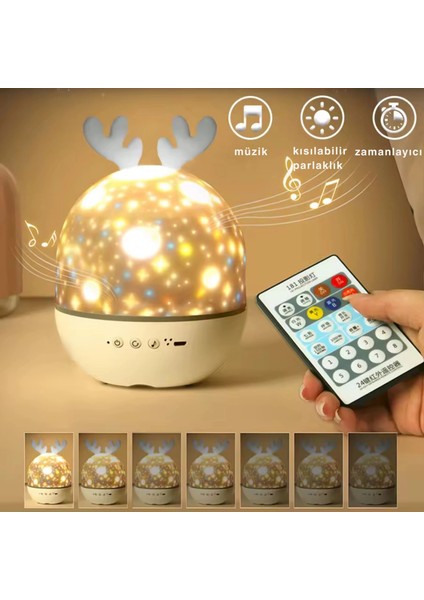 Bluetooth Hoparlörlü Yıldızlı Gece Lambası Projektör Geyik Boynuzlu Döner Işık Uzaktan Kumandalı Zamanlayıcı USB Şarjlı 10 Tema Film