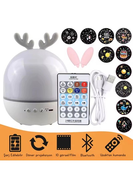 Bluetooth Hoparlörlü Yıldızlı Gece Lambası Projektör Geyik Boynuzlu Döner Işık Uzaktan Kumandalı Zamanlayıcı USB Şarjlı 10 Tema Film fiyatları