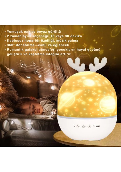 Bluetooth Hoparlörlü Yıldızlı Gece Lambası Projektör Geyik Boynuzlu Döner Işık Uzaktan Kumandalı Zamanlayıcı USB Şarjlı 10 Tema Film modelleri