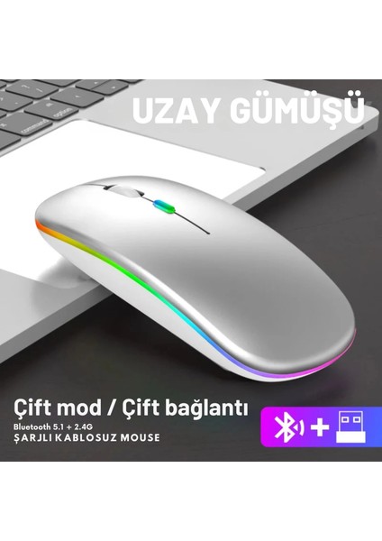 Shopy Tech Çift Mod Kablosuz Mouse Bluetooth 5.2 + 2.4g Şarjlı Sessiz Tıklama Rgb Işıklı (500 Mah)Gümüş