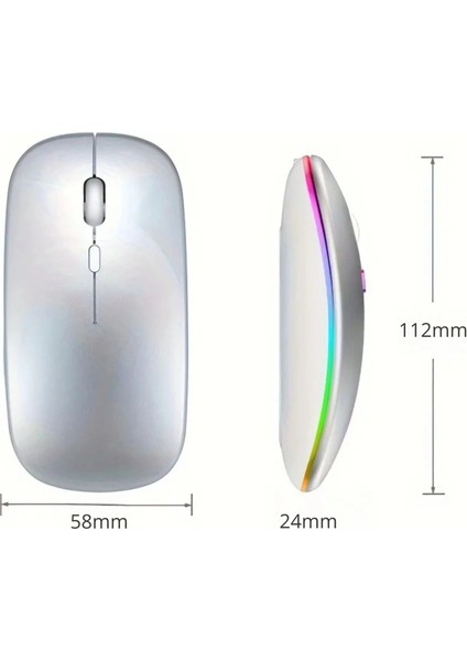 Shopy Tech Çift Mod Kablosuz Mouse Bluetooth 5.2 + 2.4g Şarjlı Sessiz Tıklama Rgb Işıklı (500 Mah)Gümüş modelleri