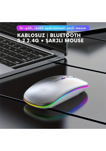 Shopy Tech Çift Mod Kablosuz Mouse Bluetooth 5.2 + 2.4g Şarjlı Sessiz Tıklama Rgb Işıklı (500 Mah)Gümüş indirimleri