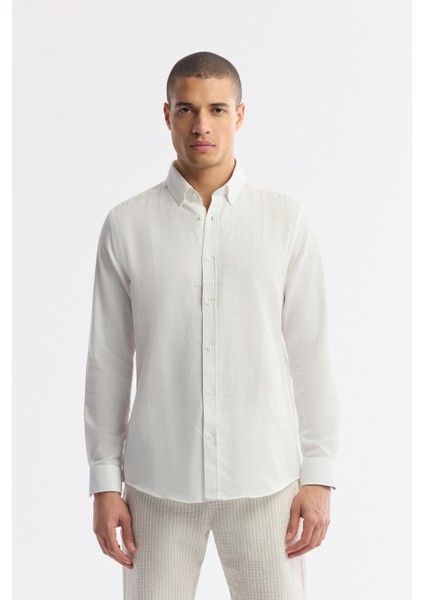 Erkek Beyaz Düğmeli Yaka Kolay Ütülenir Pamuklu Regular Fit Gömlek A51Y2130