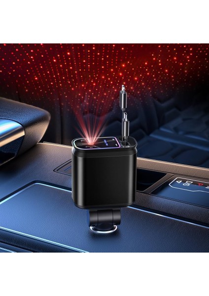 Araç Içi 4in1 Hızlı Şarj Cihazı – Type-C & Kablolu, USB + Type-C Girişli, Kırmızı Yıldız Tavan Işıkl