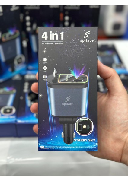 Araç Içi 4in1 Hızlı Şarj Cihazı – Type-C & Kablolu, USB + Type-C Girişli, Kırmızı Yıldız Tavan Işıkl fiyatları