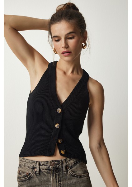 Halter Yaka Düğmeli Triko Yelek LFN0061 Siyah