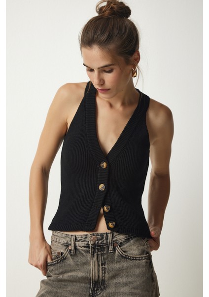 Halter Yaka Düğmeli Triko Yelek LFN0061 Siyah fiyatları