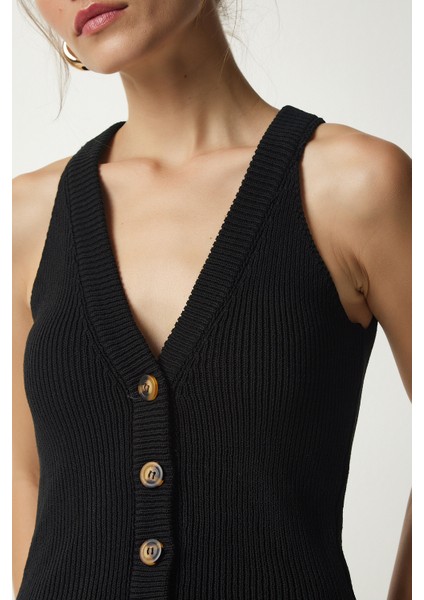 Halter Yaka Düğmeli Triko Yelek LFN0061 Siyah modelleri