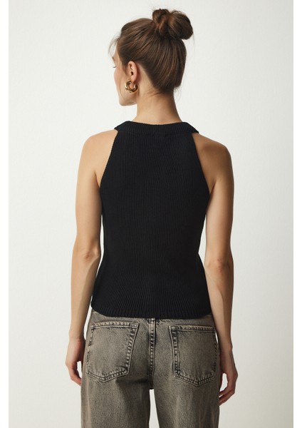 Halter Yaka Düğmeli Triko Yelek LFN0061 Siyah fırsatları
