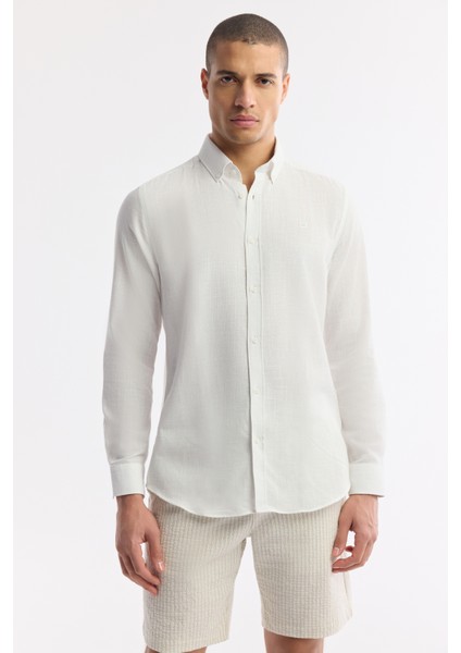 Erkek Beyaz Düğmeli Yaka Kolay Ütülenir Pamuklu Regular Fit Gömlek A51Y2130