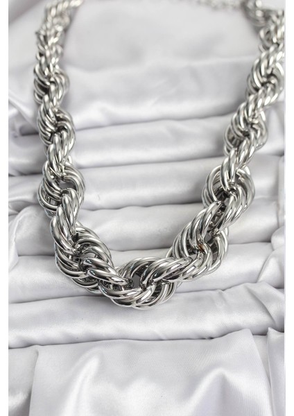 Pirinç Gümüş Renk Sarmal Halat Model Kadın Kolye