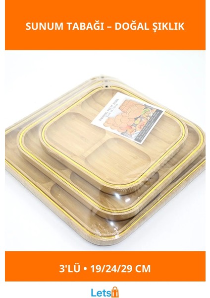 3'lü Doğal Ahşap Kahvaltı Çerez Meyve Sunum Tabağı