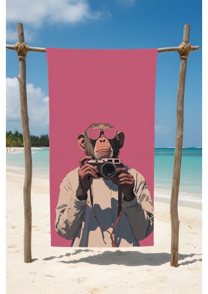 Fotoğrafcı Maymun Desenli Pamuk Plaj Havlusu – Desenli Tasarım – 75X150 cm