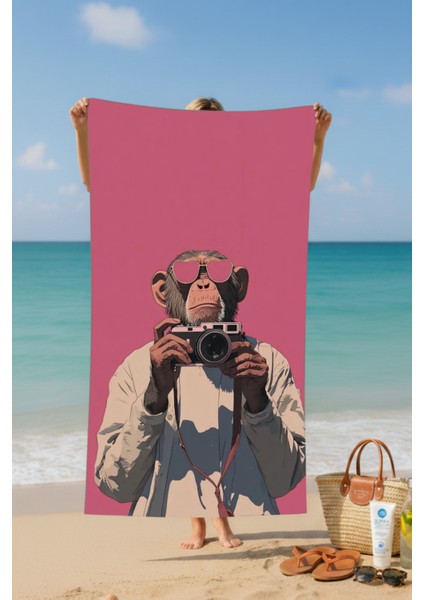 Fotoğrafcı Maymun Desenli Pamuk Plaj Havlusu – Desenli Tasarım – 75X150 cm fiyatları