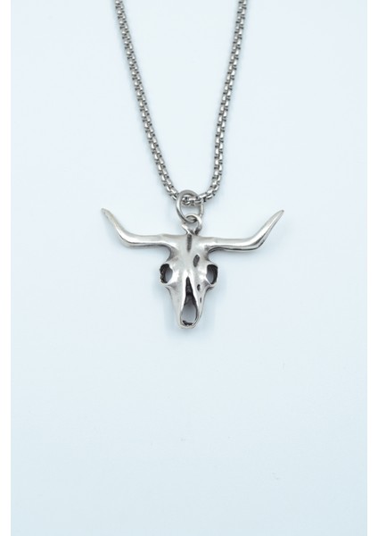 Boğa - Kuru Kafa Gümüş Kaplama Örme Zincir Kolye