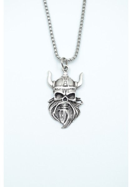 Viking Sakallı Kuru Kafa Gümüş Kaplama Örme Zincir Kolye